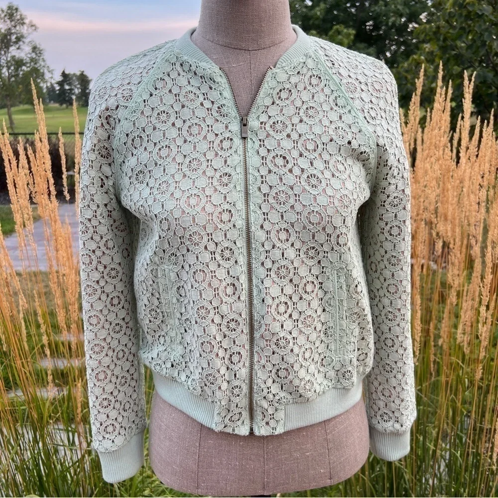 Victoria Beckham for Target Sheer Lace Mint Green Cropped Bomber Jacket - Picture 6 of 9